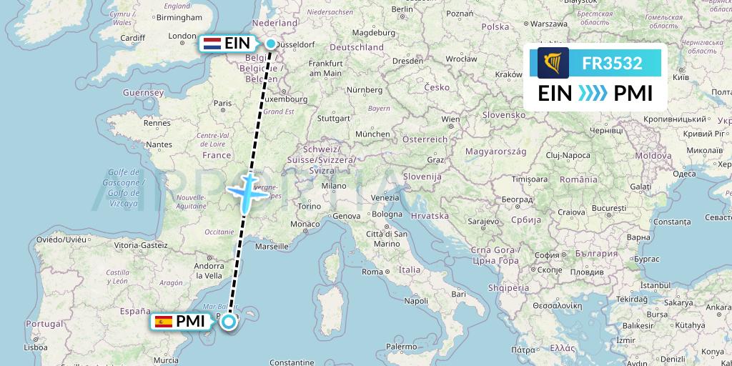 FR3532 Ryanair Flight Map: Eindhoven to Palma de Mallorca