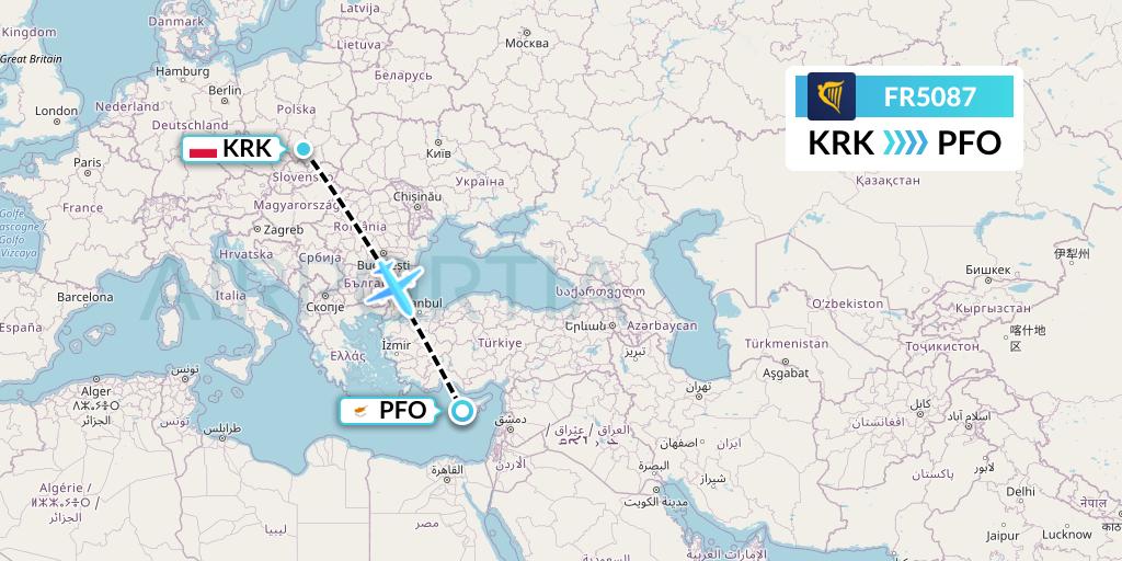 FR5087 Ryanair Flight Map: Krakow to Pafos