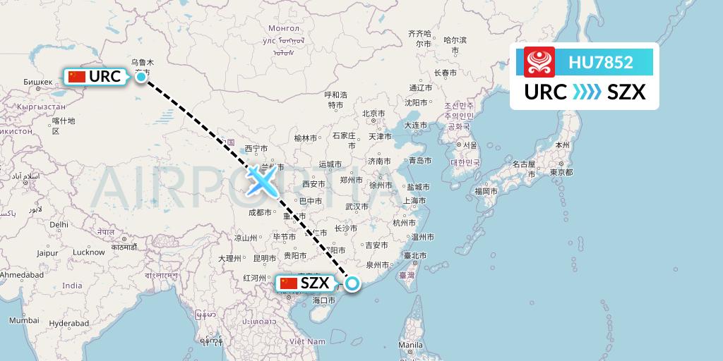 HU7852 Hainan Airlines Flight Map: Urumqi to Shenzhen
