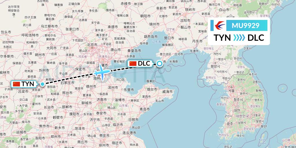 MU9929 China Eastern Airlines Flight Map: Taiyuan to Dalian