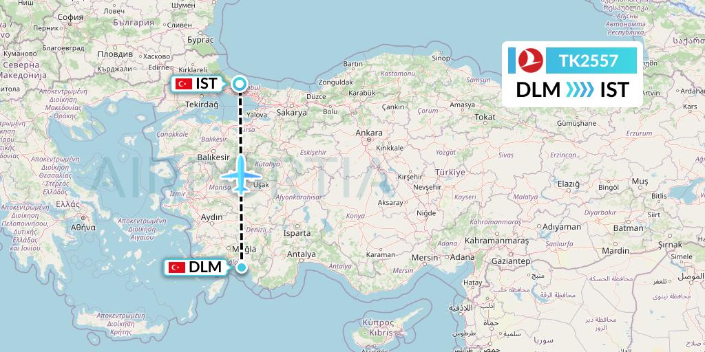 TK2557 Turkish Airlines Flight Map: Dalaman to Istanbul