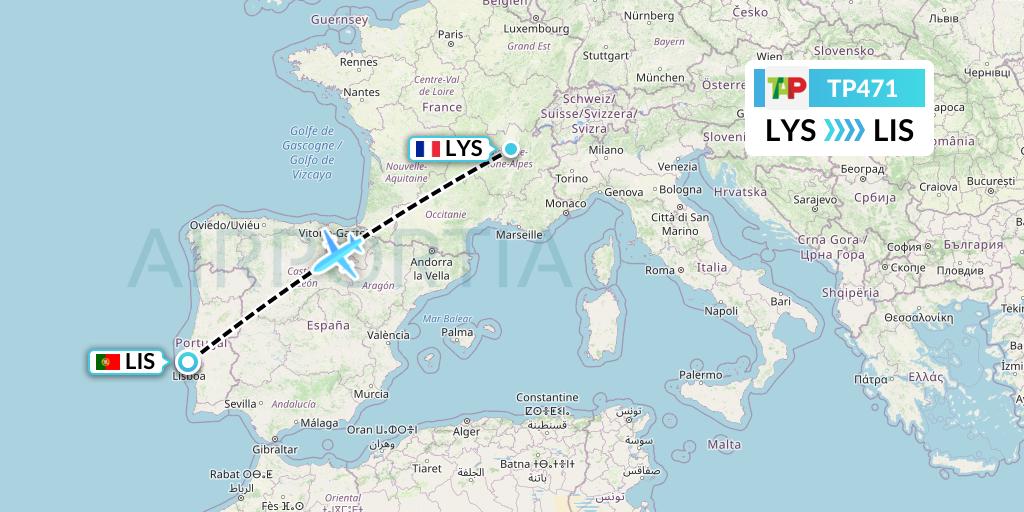 TP471 TAP Portugal Flight Map: Lyon to Lisbon