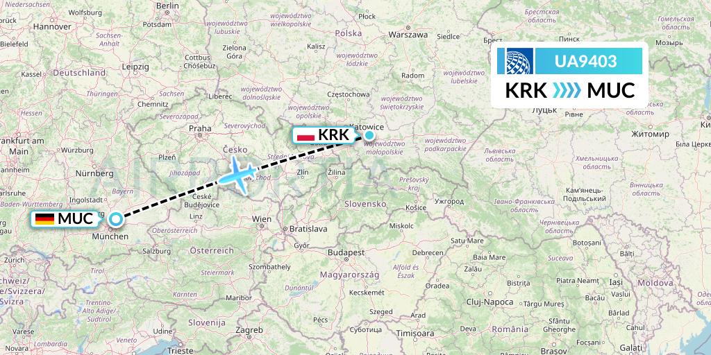 UA9403 United Airlines Flight Map: Krakow to Munich