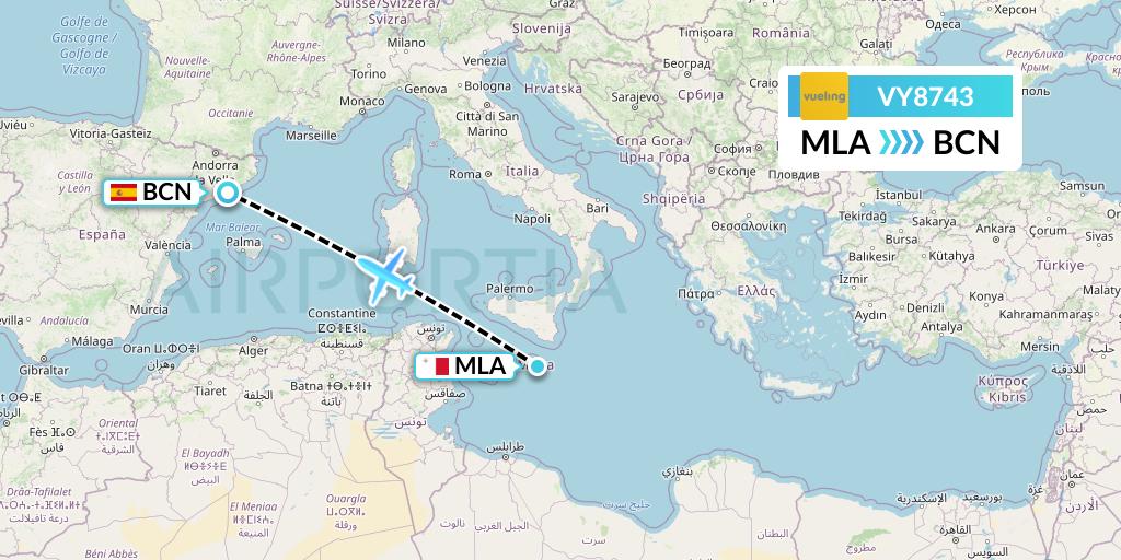 VY8743 Vueling Flight Map: Malta to Barcelona
