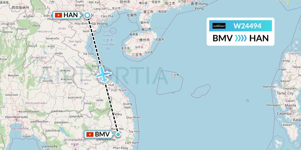 W24494 Flex Flight Flight Map: Buon Ma Thuot to Hanoi