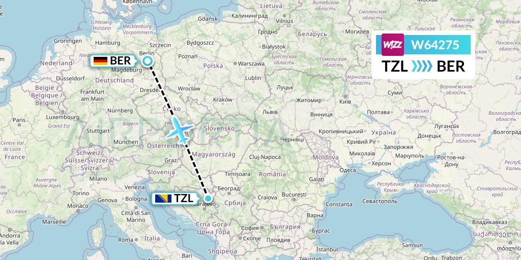 W64275 Wizz Air Flight Map: Tuzla to Berlin