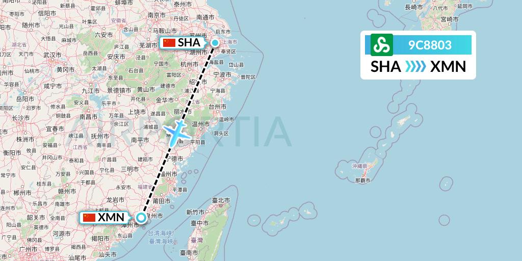 9C8803 Spring Airlines Flight Map: Shanghai to Xiamen
