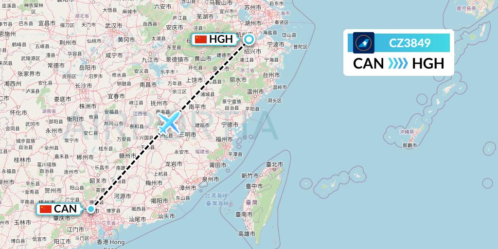 CZ3849 China Southern Airlines Flight Map: Guangzhou to Hangzhou