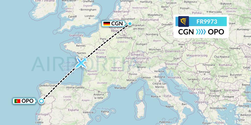 FR9973 Ryanair Flight Map: Cologne to Porto