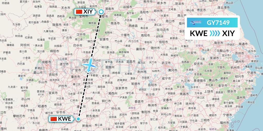 GY7149 Colorful GuiZhou Airlines Flight Map: Guiyang to Xi'an