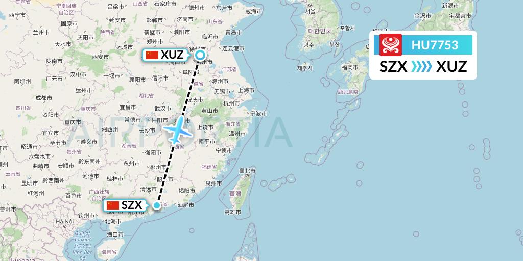 HU7753 Hainan Airlines Flight Map: Shenzhen to Xuzhou