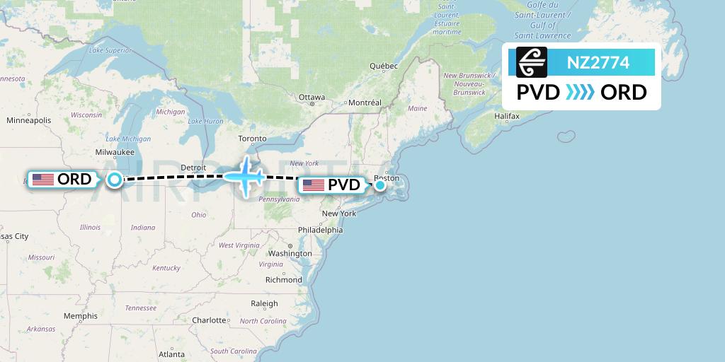 NZ2774 Air New Zealand Flight Map: Providence to Chicago