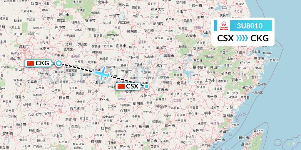 3U8010 Sichuan Airlines Flight Map: Changsha to Chongqing
