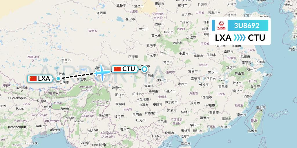 3U8692 Sichuan Airlines Flight Map: Lhasa to Chengdu