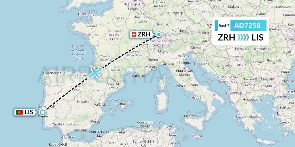 AD7258 Azul Brazilian Airlines Flight Map: Zurich to Lisbon