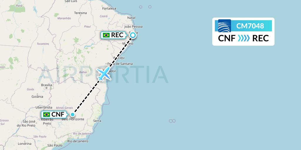 CM7048 Copa Airlines Flight Map: Belo Horizonte to Recife