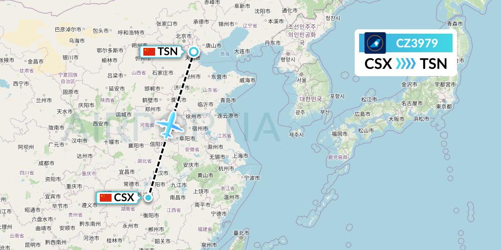 CZ3979 China Southern Airlines Flight Map: Changsha to Tianjin