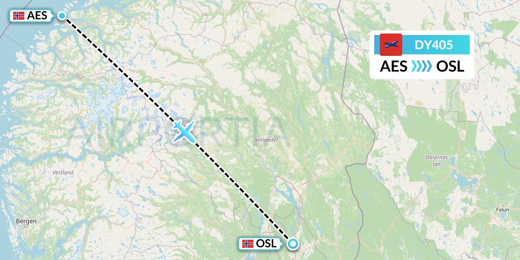 DY405 Norwegian Flight Map: Alesund to Oslo