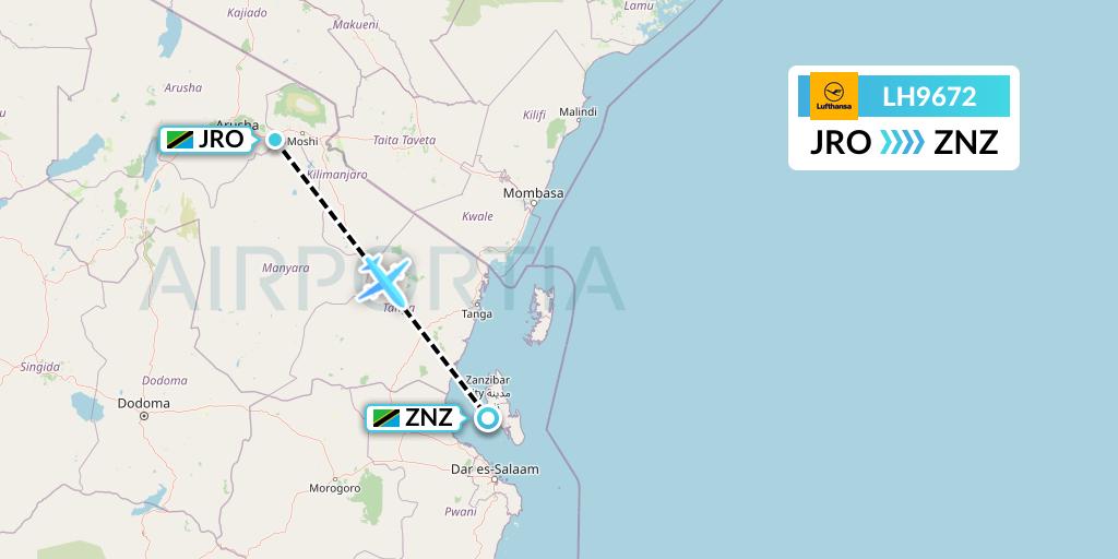 LH9672 Lufthansa Flight Map: Kilimanjaro to Zanzibar