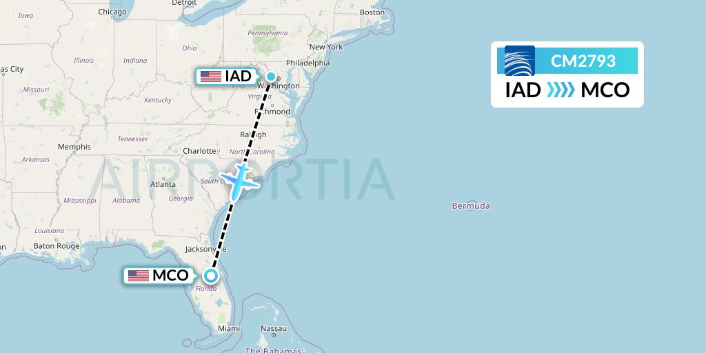 CM2793 Copa Airlines Flight Map: Washington to Orlando