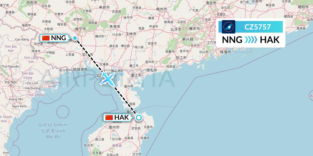 CZ5757 China Southern Airlines Flight Map: Nanning to Haikou