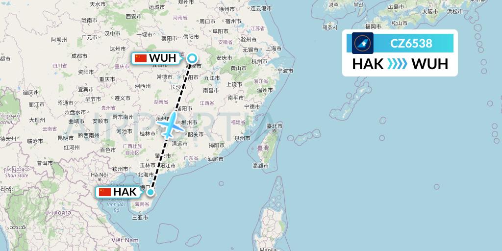 CZ6538 China Southern Airlines Flight Map: Haikou to Wuhan