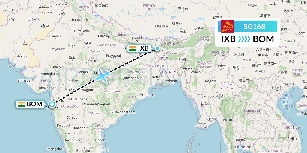 SG168 SpiceJet Flight Map: Siliguri to Mumbai