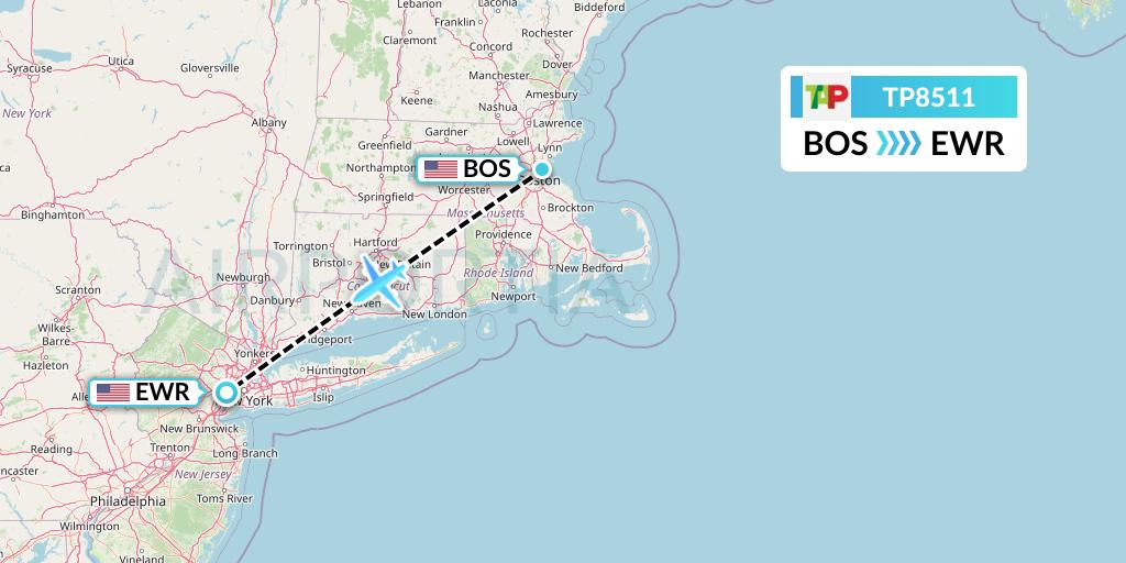 TP8511 TAP Portugal Flight Map: Boston to New York
