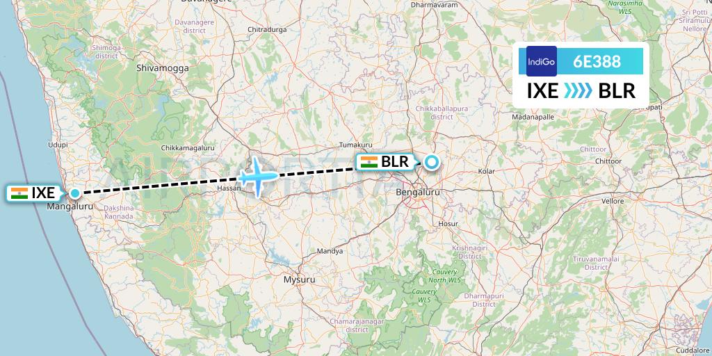 6E388 IndiGo Airlines Flight Map: Mangalore to Bangalore