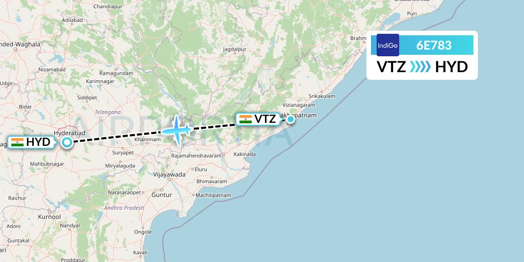 6E783 IndiGo Airlines Flight Map: Visakhapatnam to Hyderabad