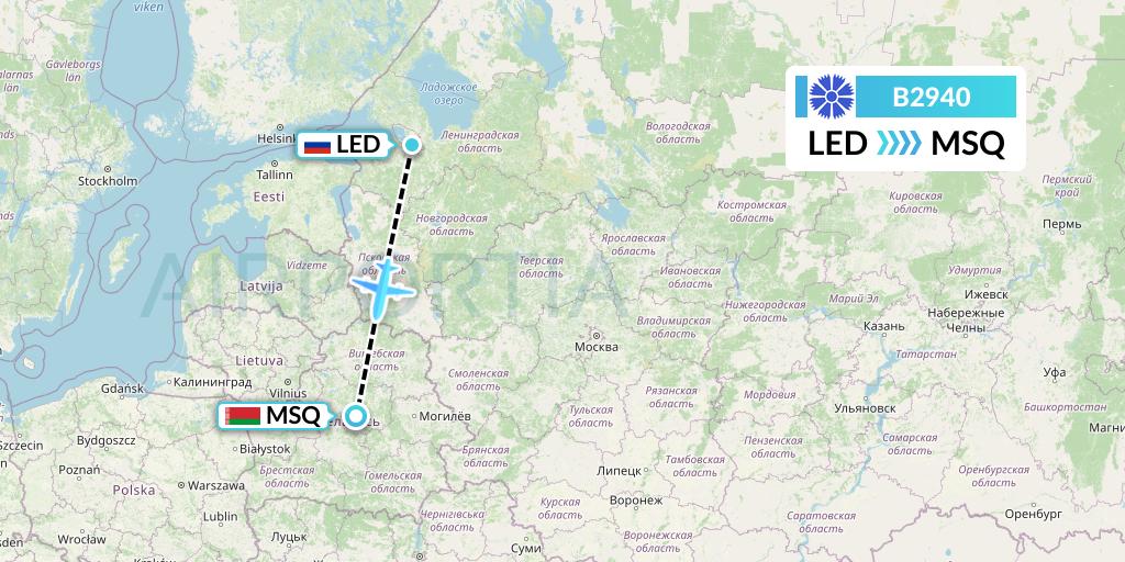 B2940 Belavia Flight Map: St. Petersburg to Minsk