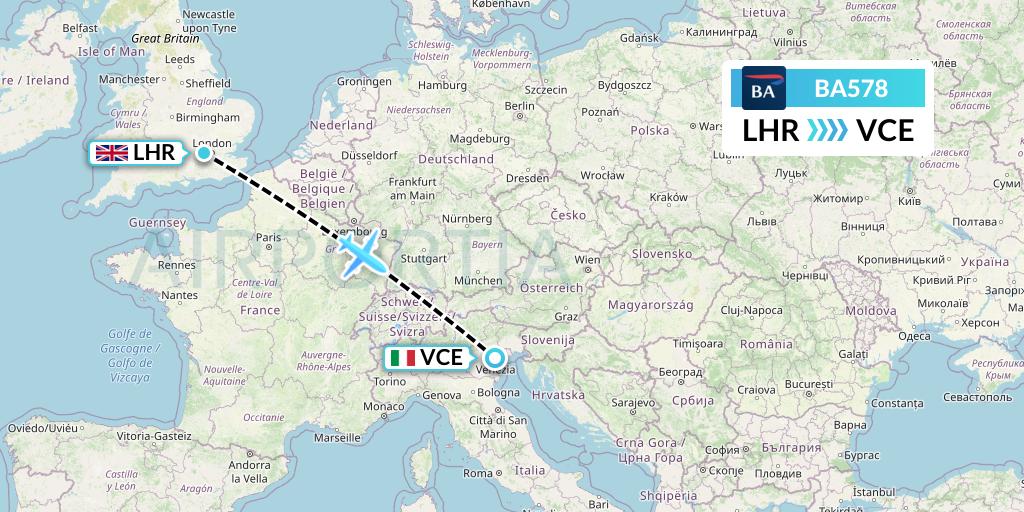 BA578 British Airways Flight Map: London to Venice