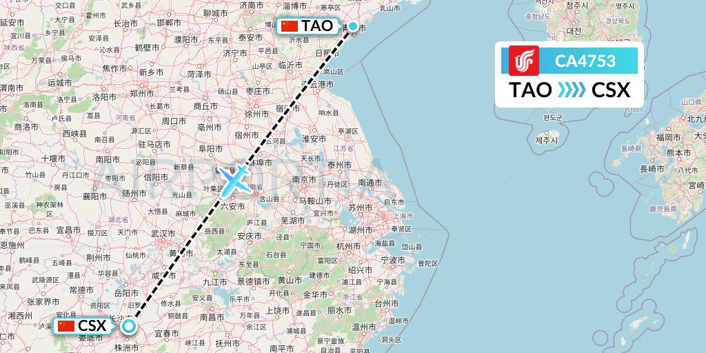 CA4753 Air China Flight Map: Qingdao to Changsha