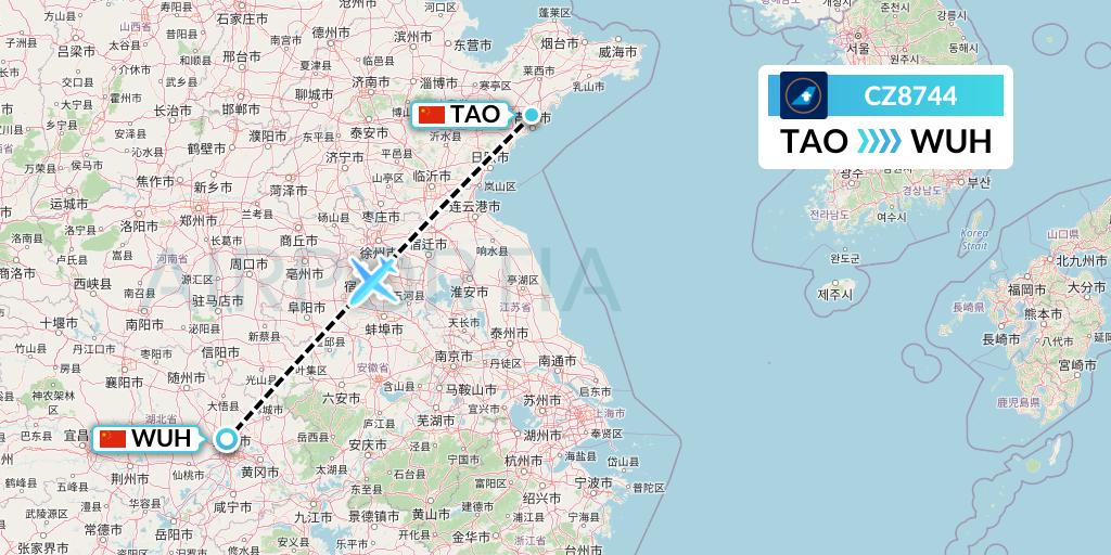 CZ8744 China Southern Airlines Flight Map: Qingdao to Wuhan