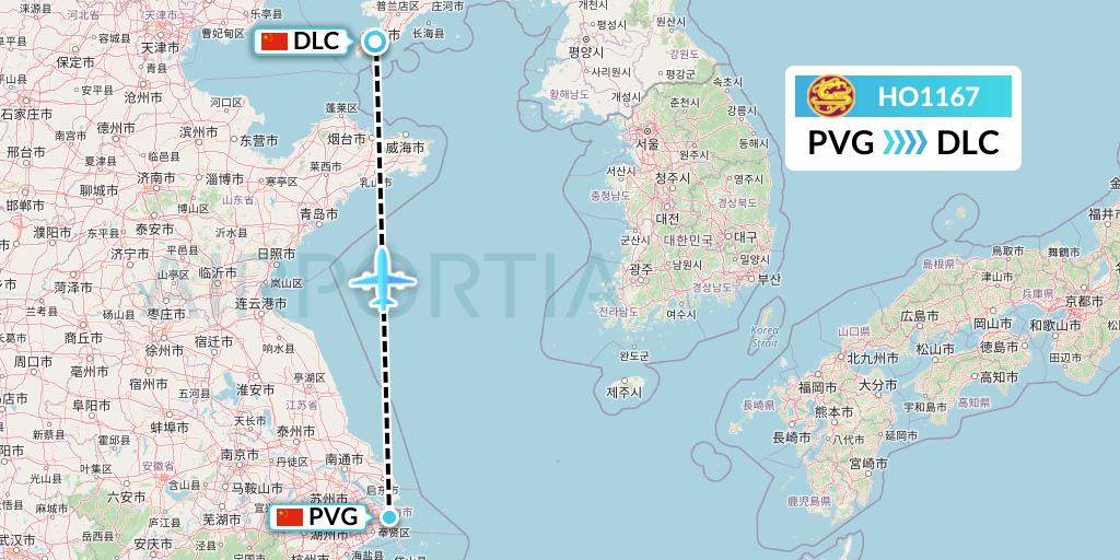 HO1167 Juneyao Airlines Flight Map: Shanghai to Dalian