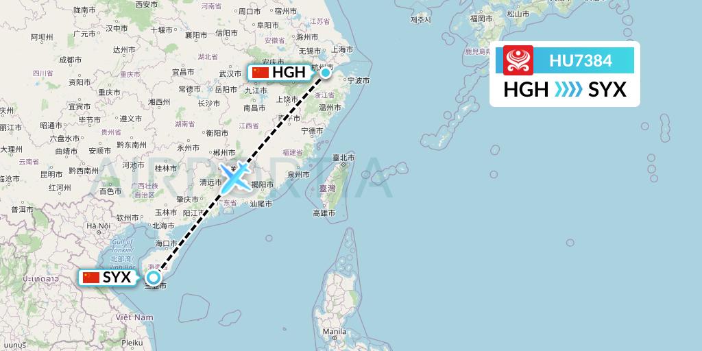 HU7384 Hainan Airlines Flight Map: Hangzhou to Sanya