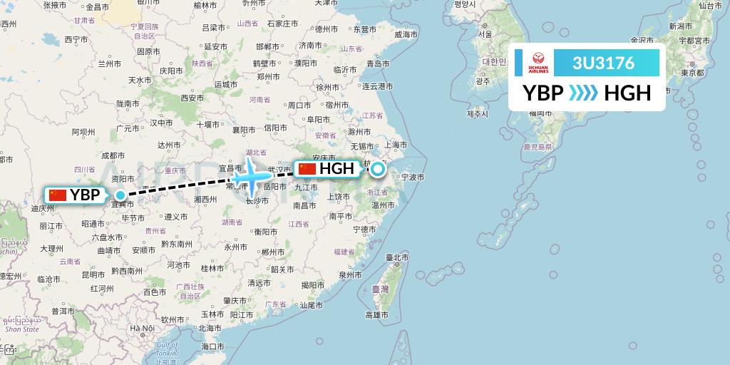 3U3176 Sichuan Airlines Flight Map: Yibin to Hangzhou