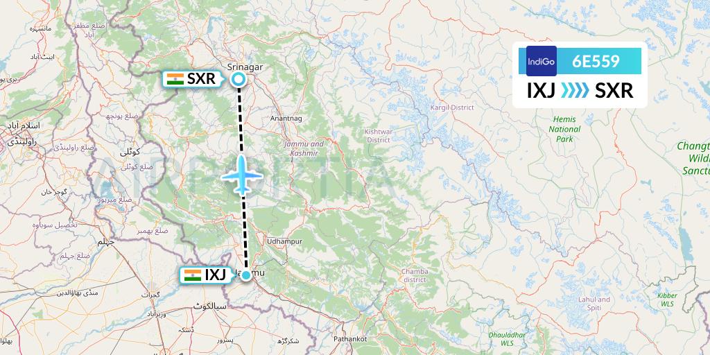 6E559 IndiGo Airlines Flight Map: Jammu to Srinagar