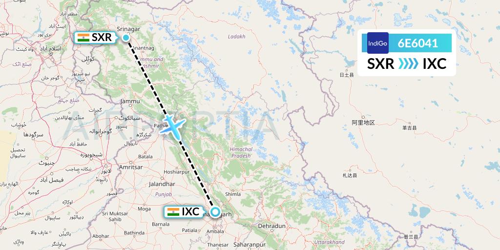 6E6041 IndiGo Airlines Flight Map: Srinagar to Chandigarh