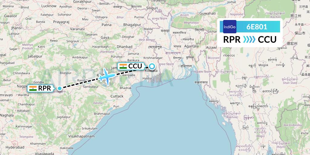 6E801 IndiGo Airlines Flight Map: Raipur to Kolkata