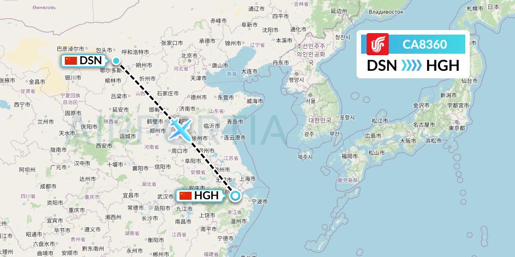CA8360 Air China Flight Map: Dongsheng to Hangzhou