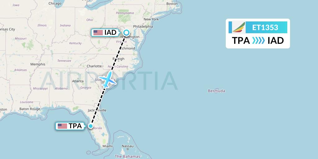 ET1353 Ethiopian Airlines Flight Map: Tampa to Washington