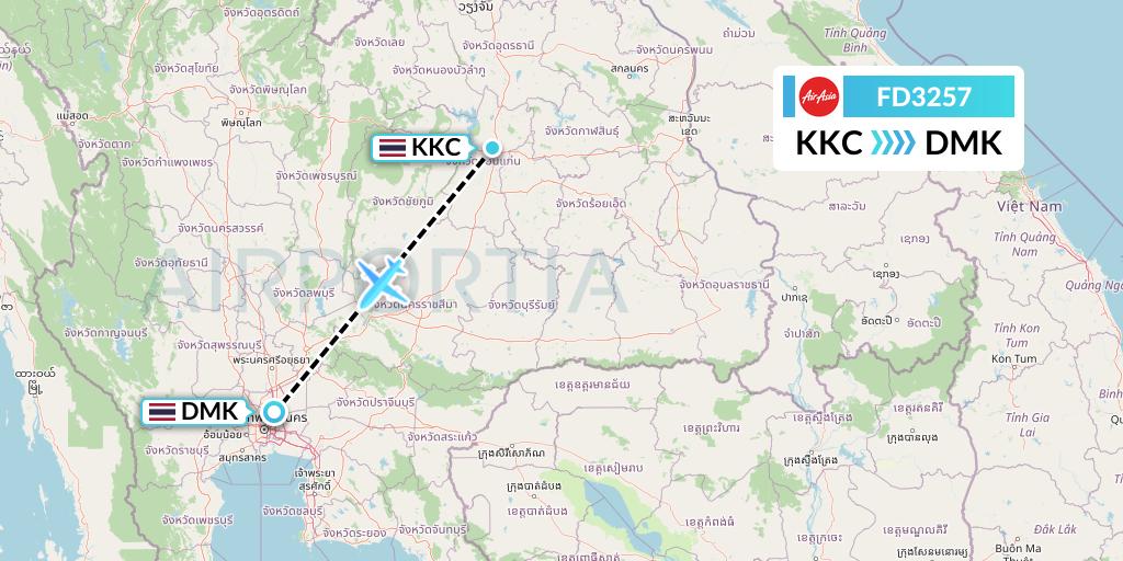 FD3257 Thai AirAsia Flight Map: Khon Kaen to Bangkok