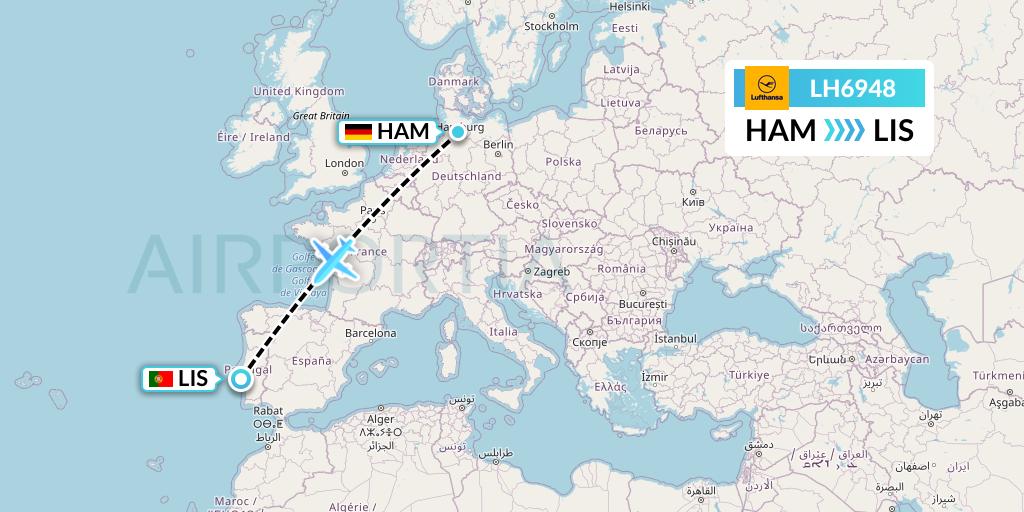 LH6948 Lufthansa Flight Map: Hamburg to Lisbon