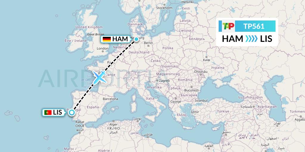 TP561 TAP Portugal Flight Map: Hamburg to Lisbon