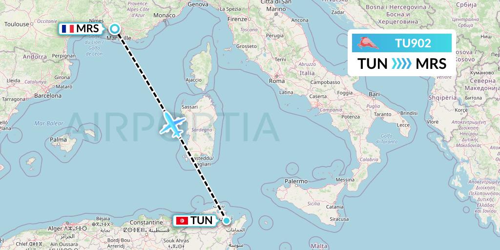 TU902 Tunisair Flight Map: Tunis to Marseille