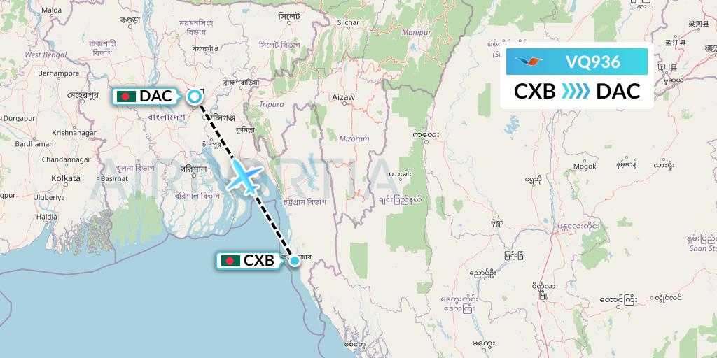 VQ936 Novoair Flight Map: Cox's Bazar to Dhaka
