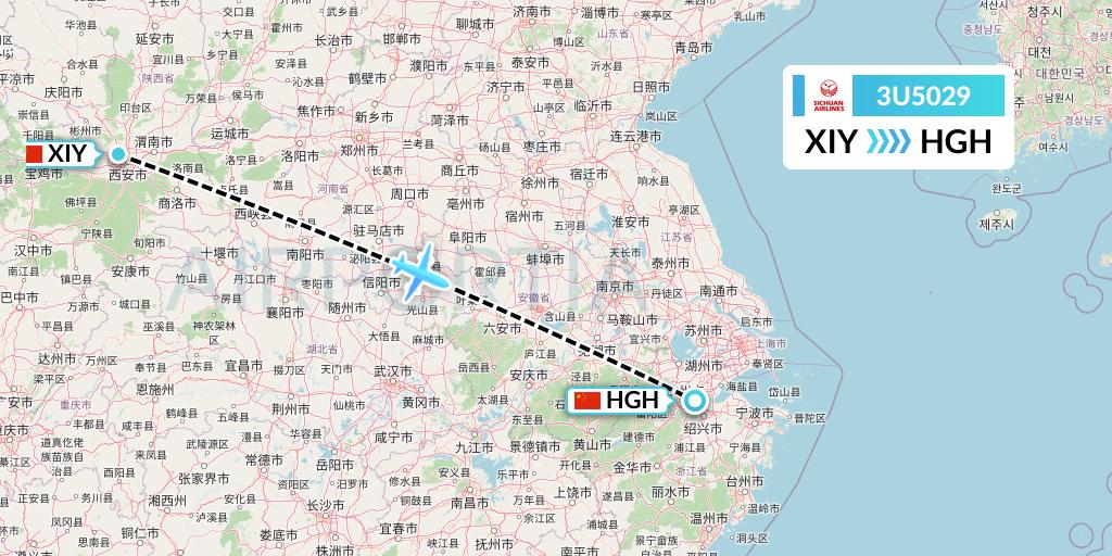 3U5029 Sichuan Airlines Flight Map: Xi'an to Hangzhou