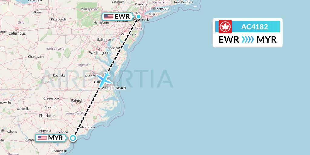 AC4182 Air Canada Flight Map: New York to Myrtle Beach