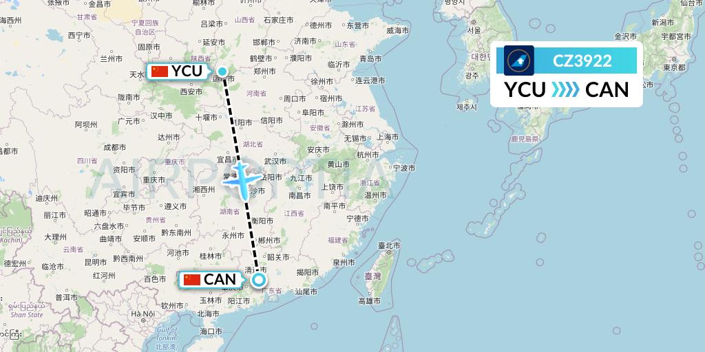 CZ3922 China Southern Airlines Flight Map: Yuncheng to Guangzhou